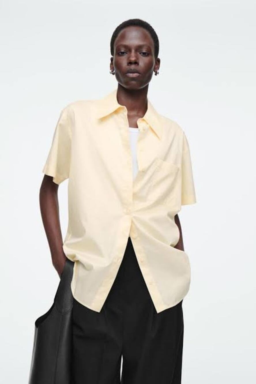 COS Relaxed Short Sleeve Cotton Button-Down Shirt Light Yellow Women's Size 8